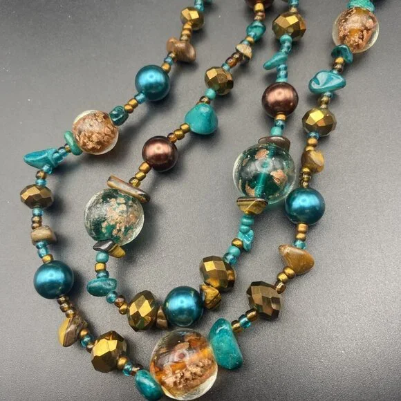 NWT Vtg EsMor Necklace Earring Set Faux Turquoise Copper Gold Foil Glass Bead - Picture 4 of 7